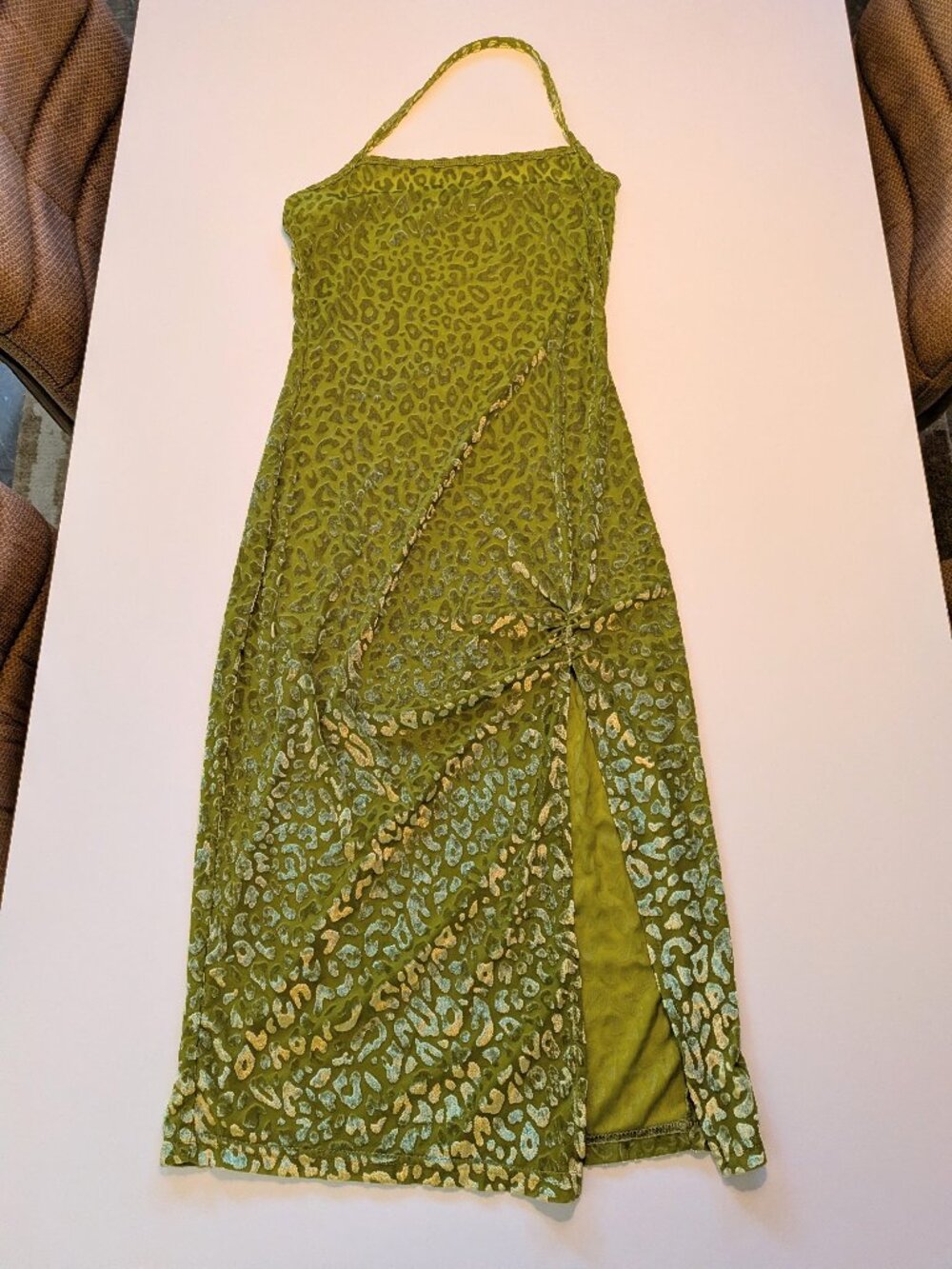 FBC Booger Green Leopard print halter bodycon dress